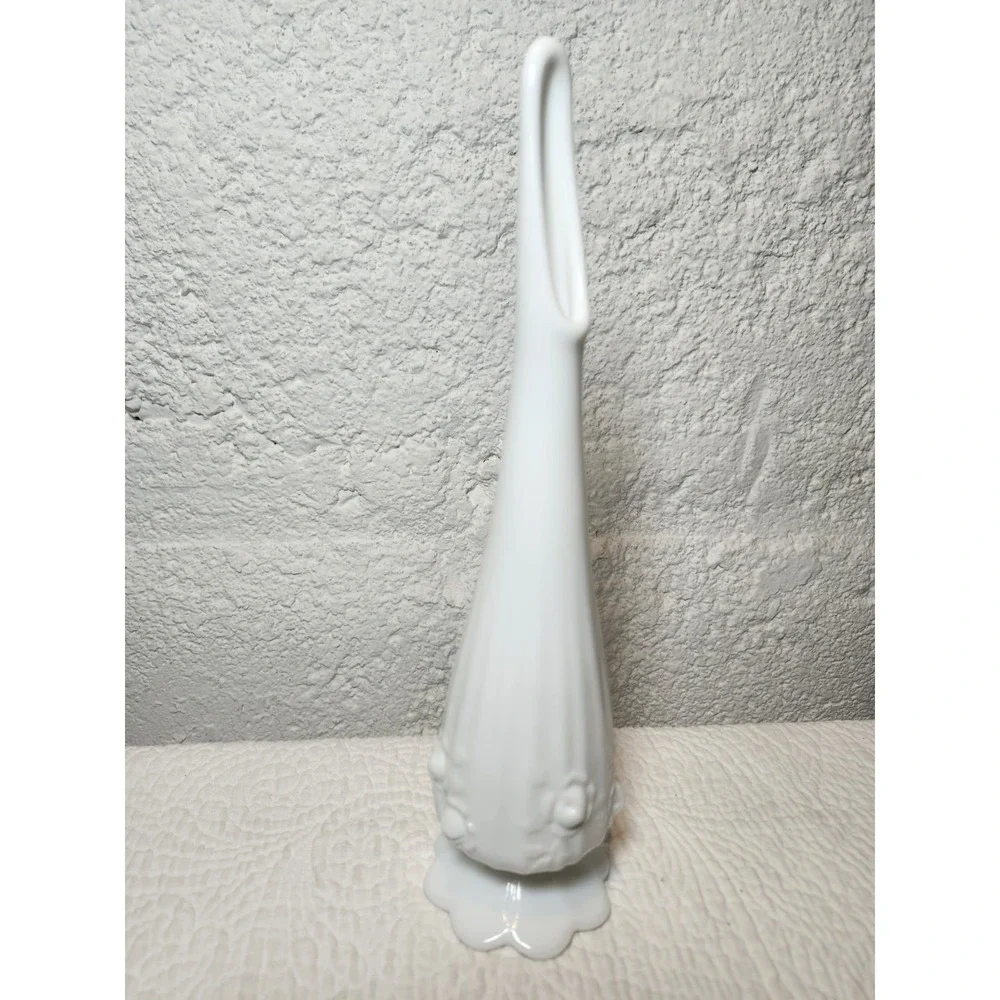 Vintage Fenton white milk glass bud vase, Cabbage Rose Pattern 10